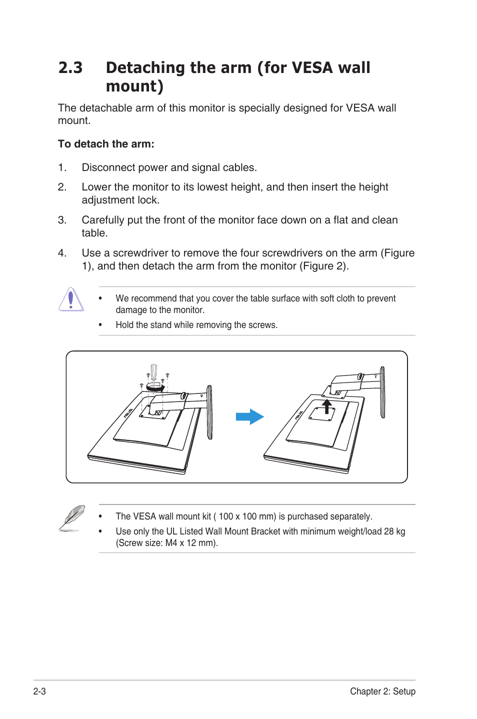 3 detaching the arm (for vesa wall mount), Detaching the arm (for vesa wall mount) -3 | Asus LCD Monitor VG27AH User Manual | Page 14 / 26