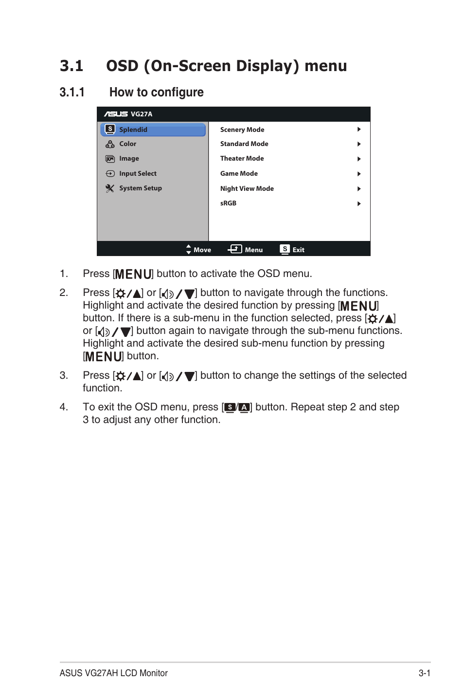 1 osd (on-screen display) menu, 1 how to configure, Osd (on-screen display) menu -1 3.1.1 | How to configure -1 | Asus LCD Monitor VG27AH User Manual | Page 15 / 26