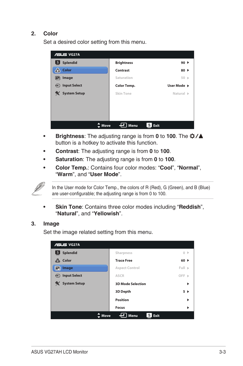 Color set a desired color setting from this menu | Asus LCD Monitor VG27AH User Manual | Page 17 / 26