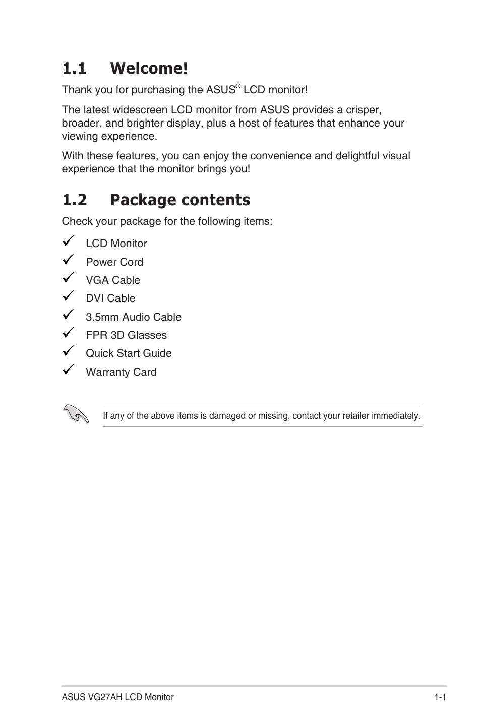 1 welcome, 2 package contents, 1 welcome! -1 1.2 | Package contents -1 | Asus LCD Monitor VG27AH User Manual | Page 7 / 26