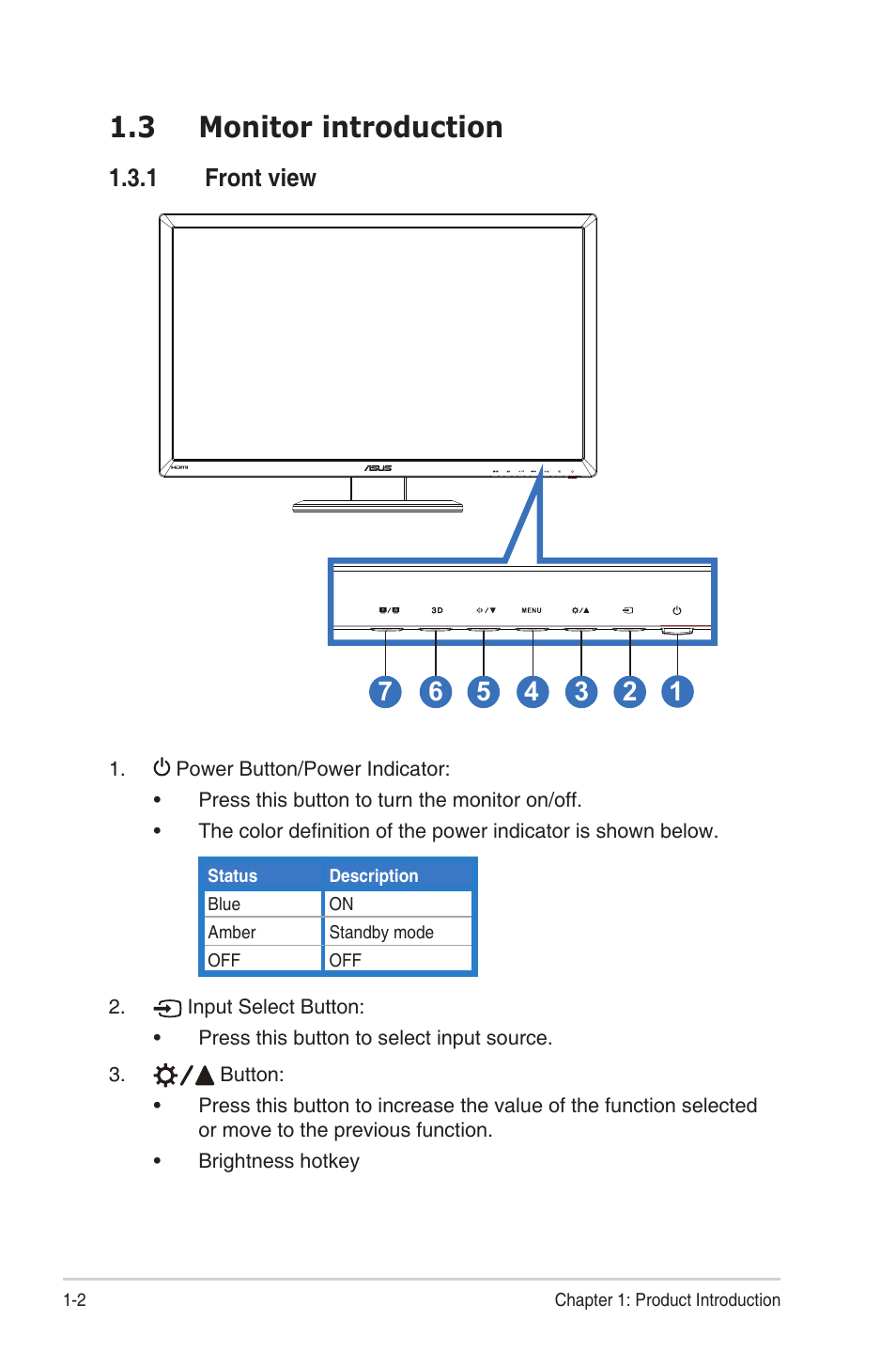 3 monitor introduction, 1 front view, Monitor introduction -2 1.3.1 | Front view -2 | Asus LCD Monitor VG27AH User Manual | Page 8 / 26