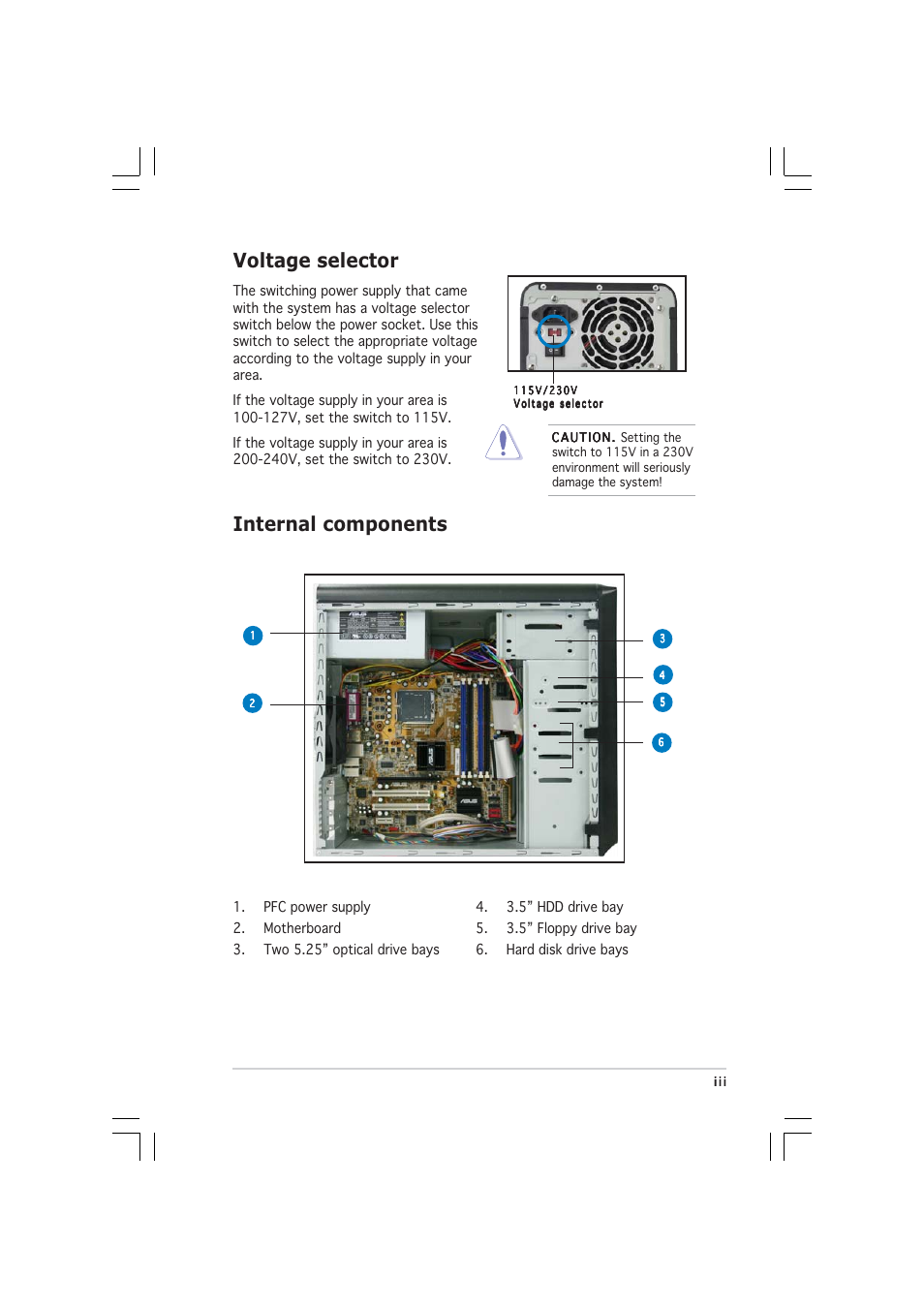 Voltage selector, Internal components | Asus Barebone Vintage-PH1 User Manual | Page 3 / 8