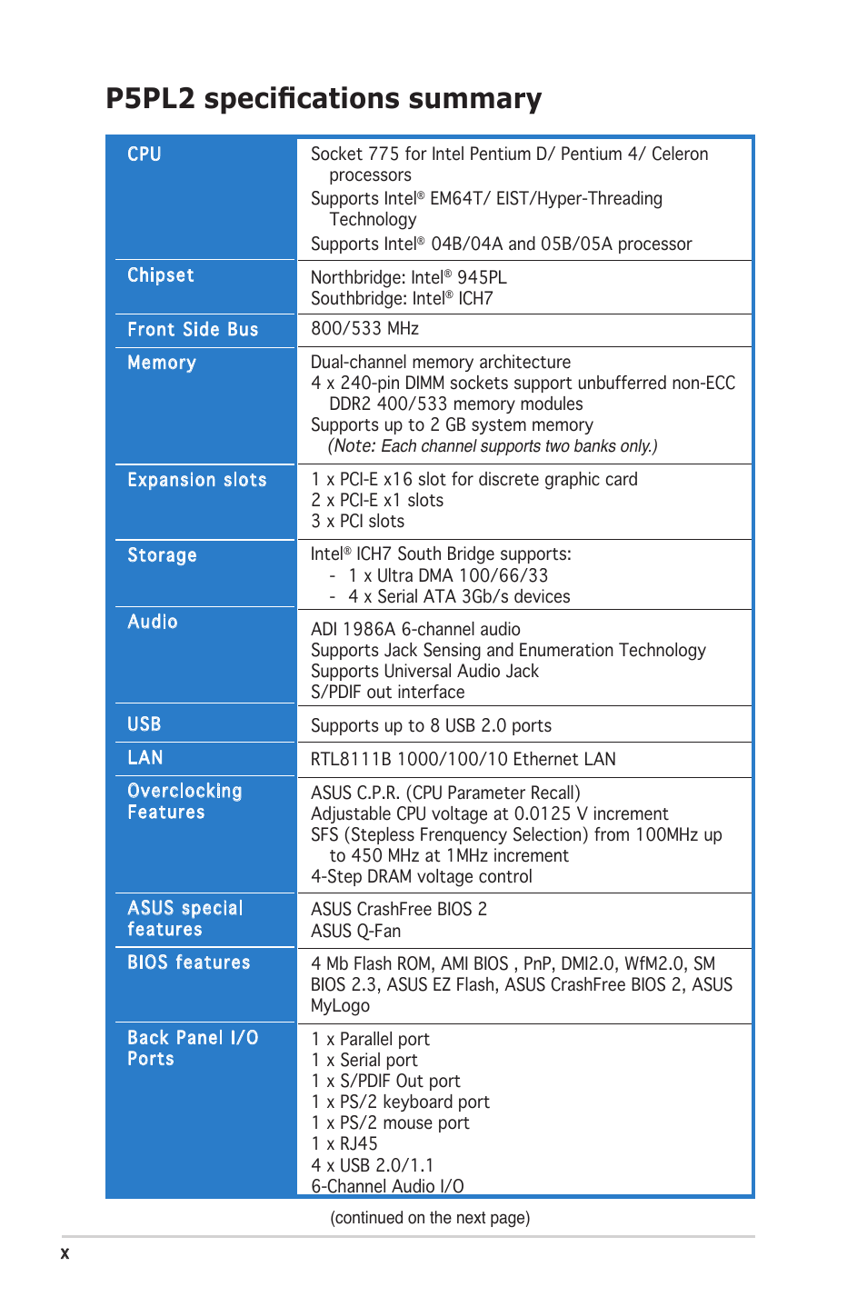 P5pl2 speciﬁcations summary | Asus Motherboard P5PL2 User Manual | Page 10 / 116