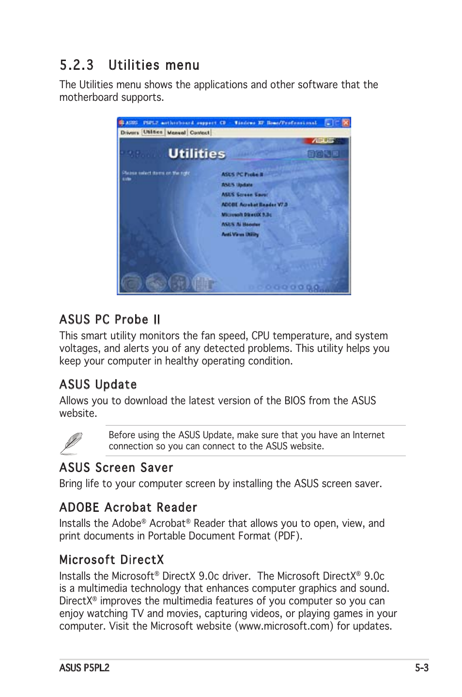 3 utilities menu, Asus pc probe ii, Asus update | Asus screen saver, Adobe acrobat reader, Microsoft directx | Asus Motherboard P5PL2 User Manual | Page 103 / 116