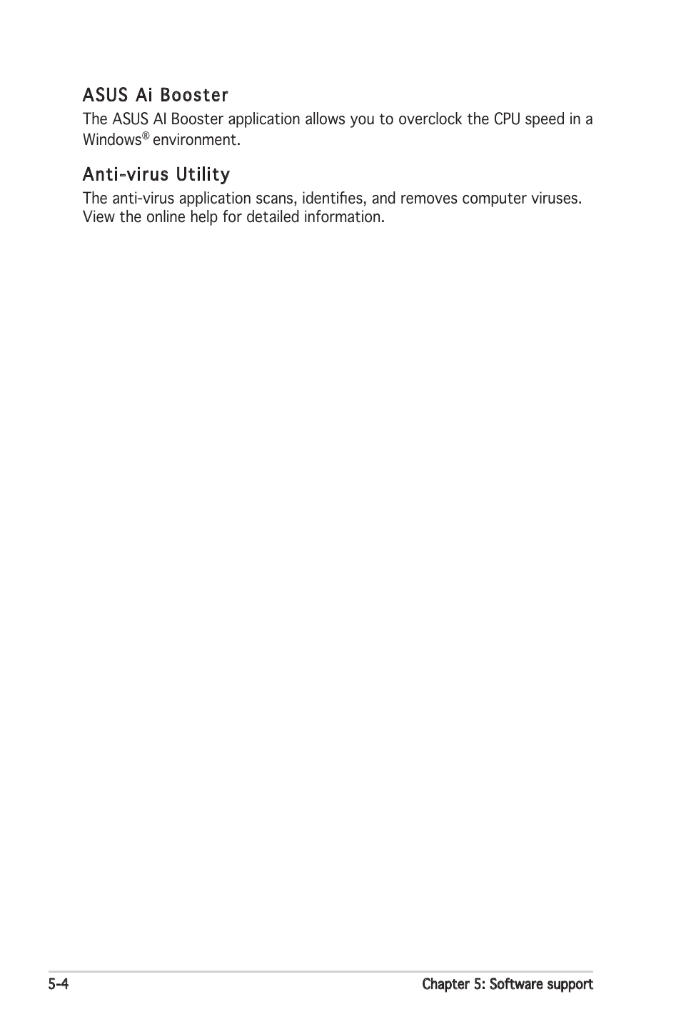 Asus ai booster, Anti-virus utility | Asus Motherboard P5PL2 User Manual | Page 104 / 116