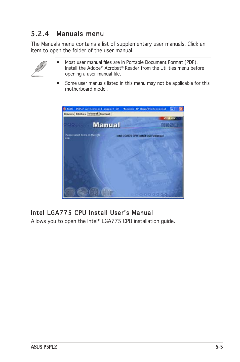 4 manuals menu, Intel lga775 cpu install userʼs manual | Asus Motherboard P5PL2 User Manual | Page 105 / 116