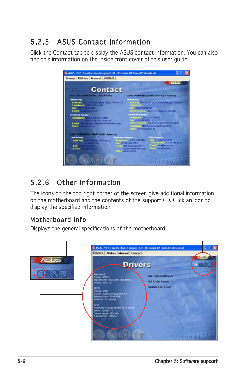 5 asus contact information, 6 other information | Asus Motherboard P5PL2 User Manual | Page 106 / 116