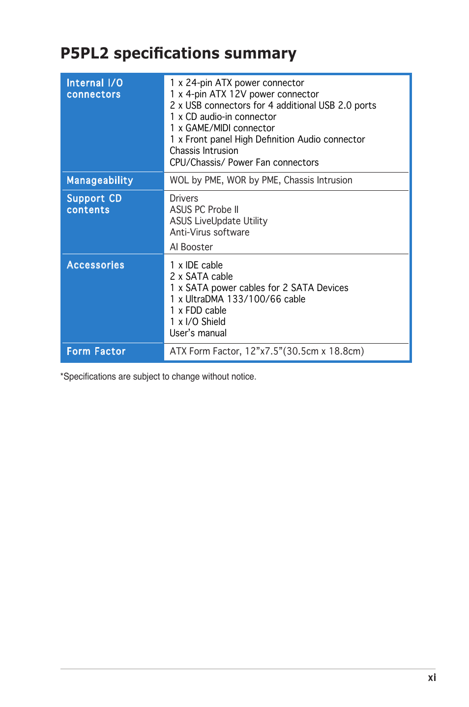 P5pl2 speciﬁcations summary | Asus Motherboard P5PL2 User Manual | Page 11 / 116