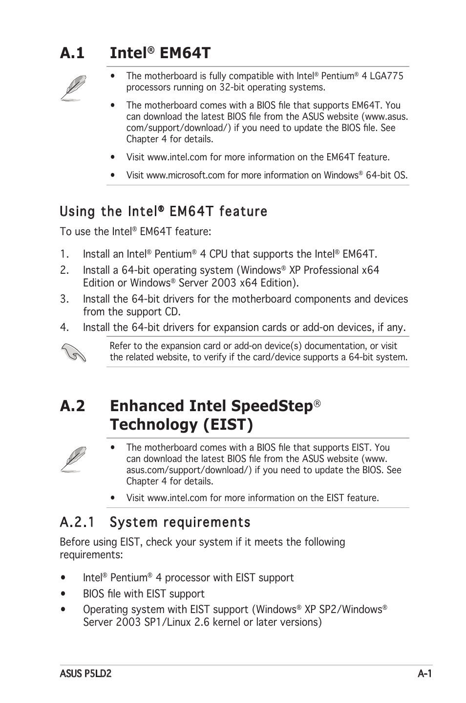 A.1 intel, Em64t, A.2 enhanced intel speedstep | Technology (eist), Using the intel, Em64t feature, A.2.1 system requirements | Asus Motherboard P5PL2 User Manual | Page 113 / 116