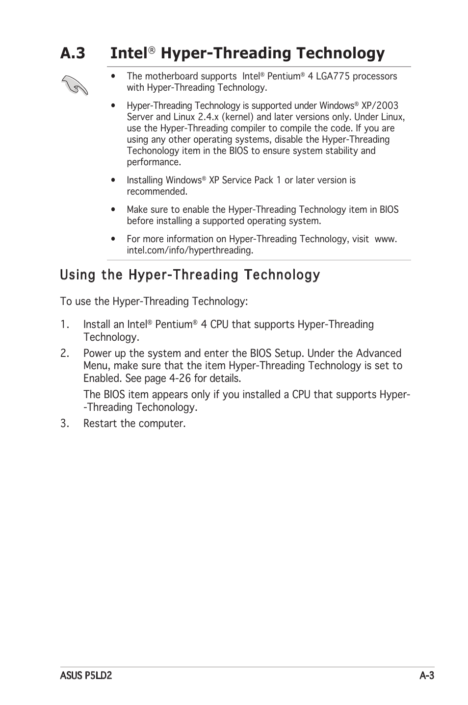 A.3 intel, Hyper-threading technology, Using the hyper-threading technology | Asus Motherboard P5PL2 User Manual | Page 115 / 116