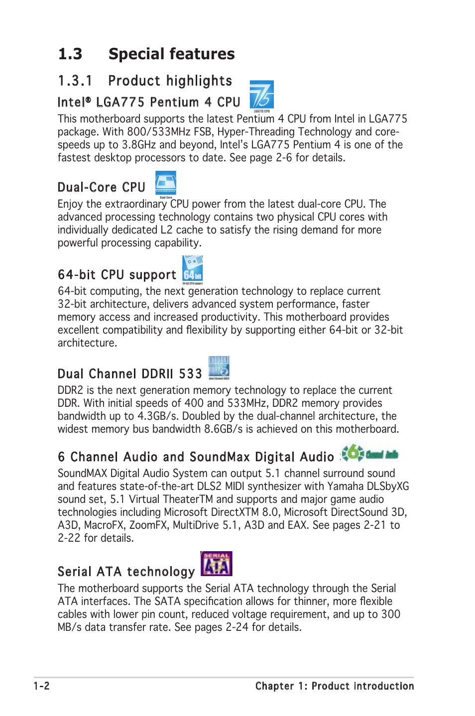 3 special features, 1 product highlights | Asus Motherboard P5PL2 User Manual | Page 16 / 116