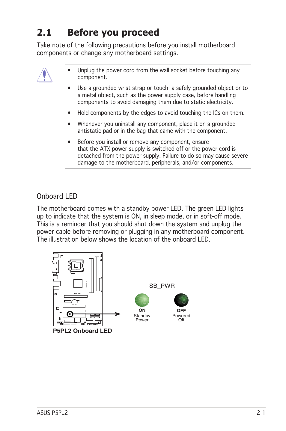 1 before you proceed, Onboard led | Asus Motherboard P5PL2 User Manual | Page 21 / 116