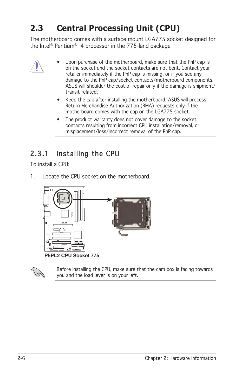 3 central processing unit (cpu), 1 installing the cpu | Asus Motherboard P5PL2 User Manual | Page 26 / 116