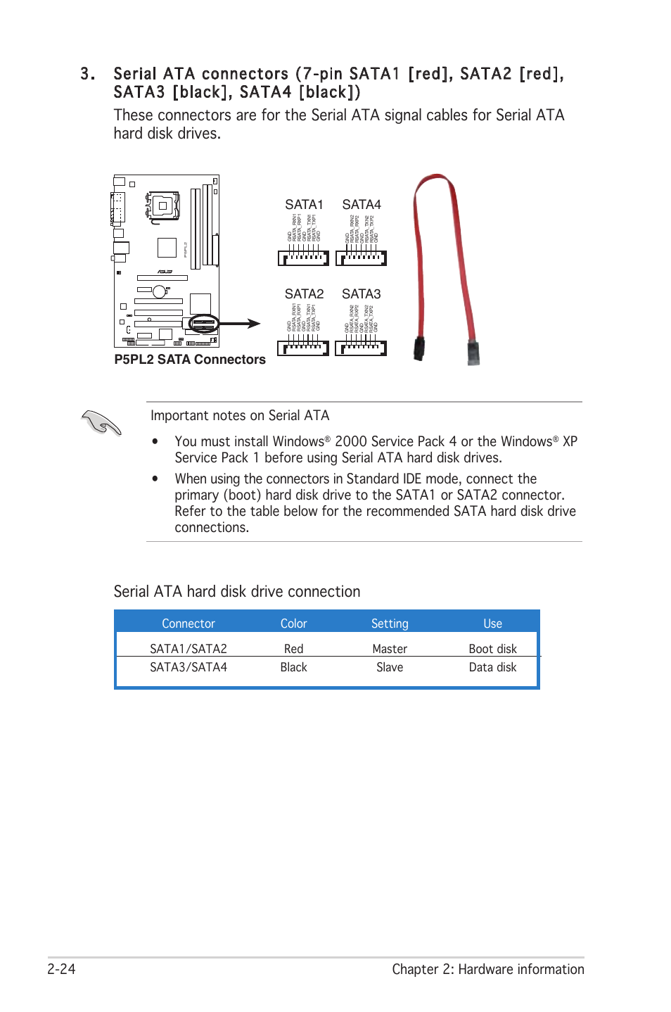 Serial ata hard disk drive connection, 24 chapter 2: hardware information, Sata4 sata1 | Sata3 sata2, P5pl2 sata connectors | Asus Motherboard P5PL2 User Manual | Page 44 / 116
