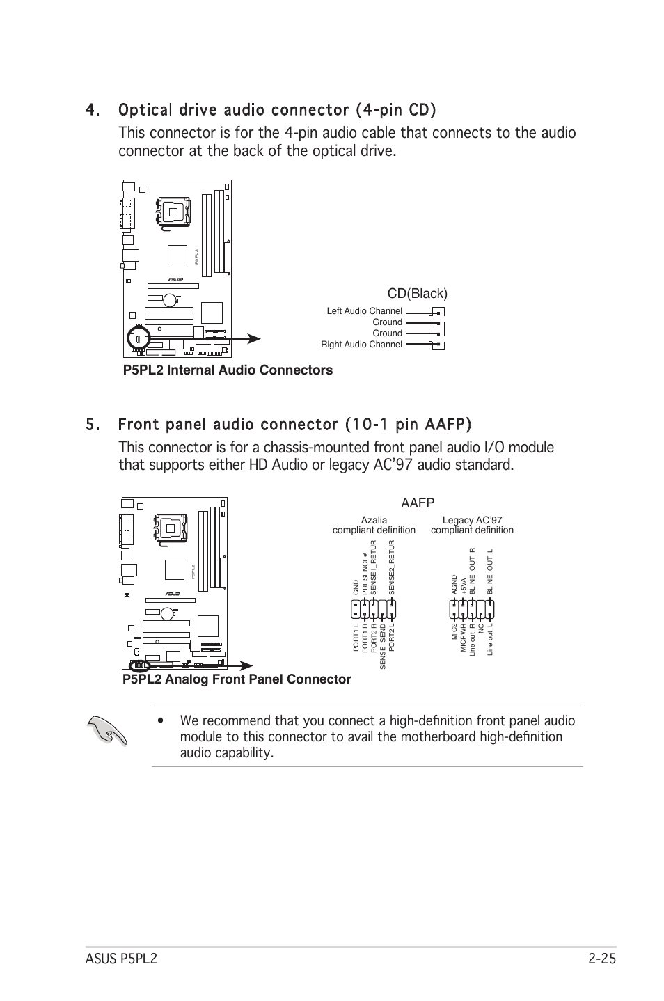 Cd(black), P5pl2 internal audio connectors, P5pl2 analog front panel connector aafp | Asus Motherboard P5PL2 User Manual | Page 45 / 116