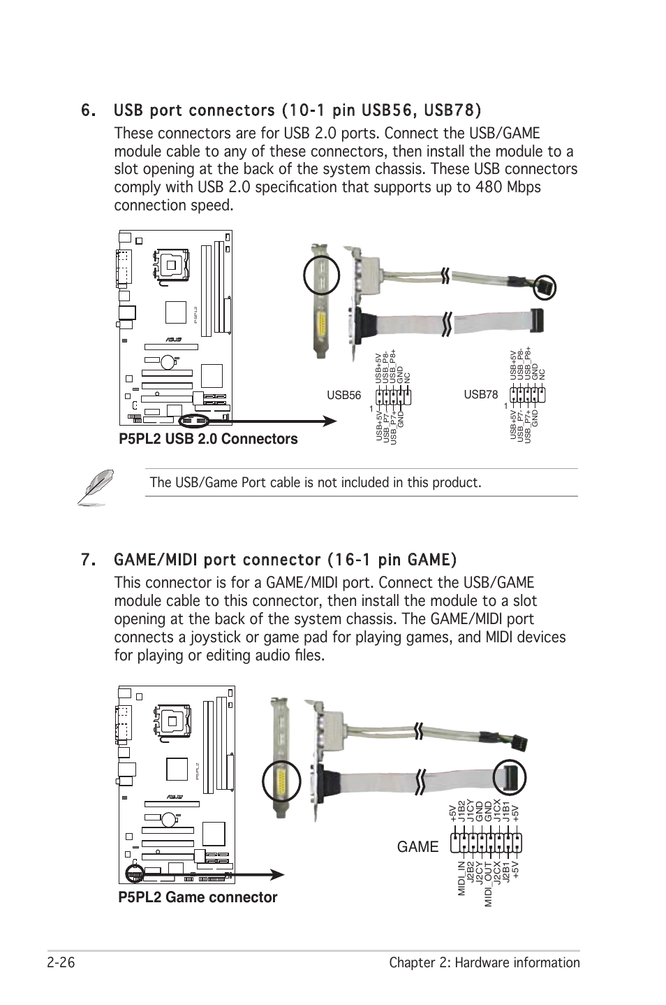 P5pl2 usb 2.0 connectors, Game, P5pl2 game connector | 26 chapter 2: hardware information | Asus Motherboard P5PL2 User Manual | Page 46 / 116