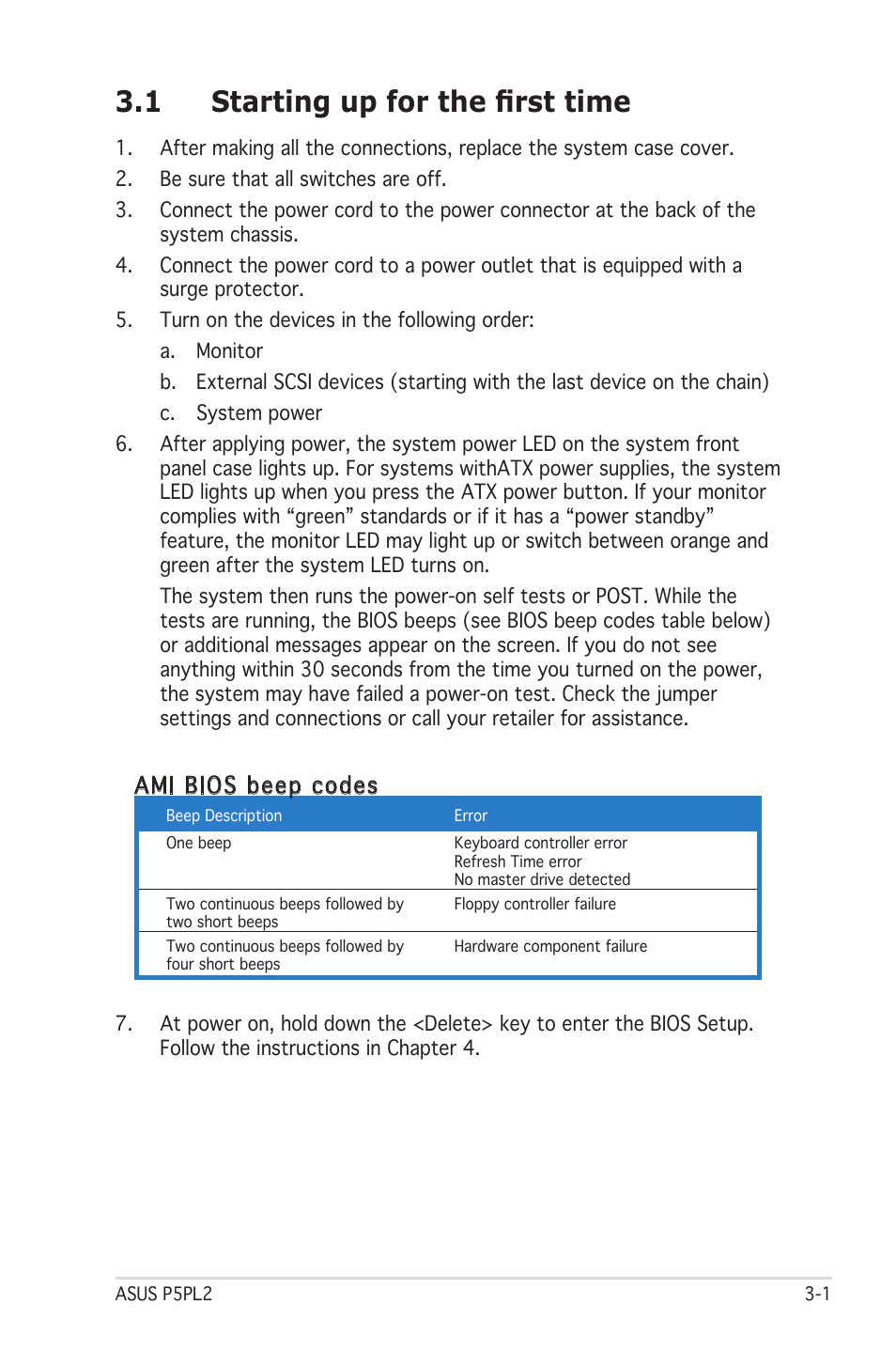 1 starting up for the ﬁrst time, Ami bios beep codes | Asus Motherboard P5PL2 User Manual | Page 53 / 116