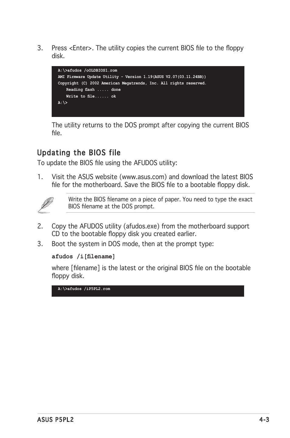 Updating the bios file | Asus Motherboard P5PL2 User Manual | Page 59 / 116