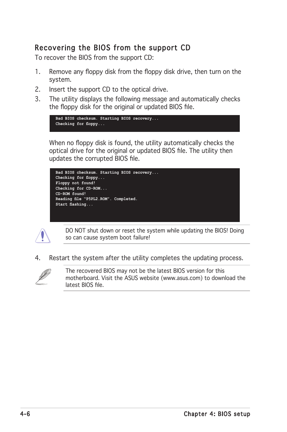 Recovering the bios from the support cd | Asus Motherboard P5PL2 User Manual | Page 62 / 116