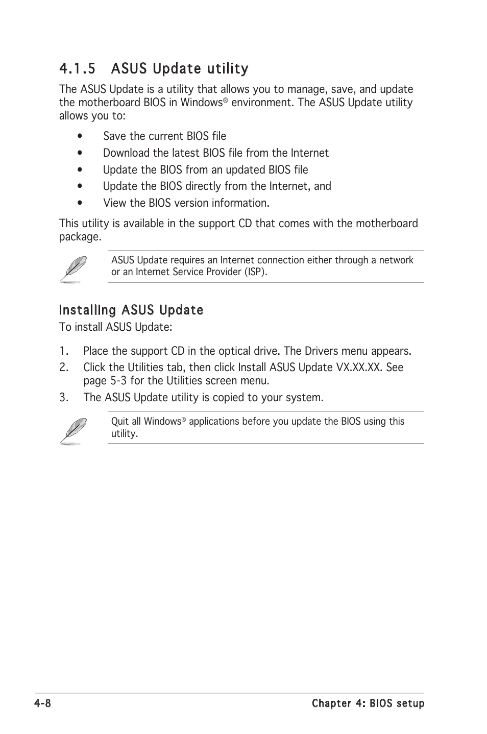 5 asus update utility, Installing asus update | Asus Motherboard P5PL2 User Manual | Page 64 / 116