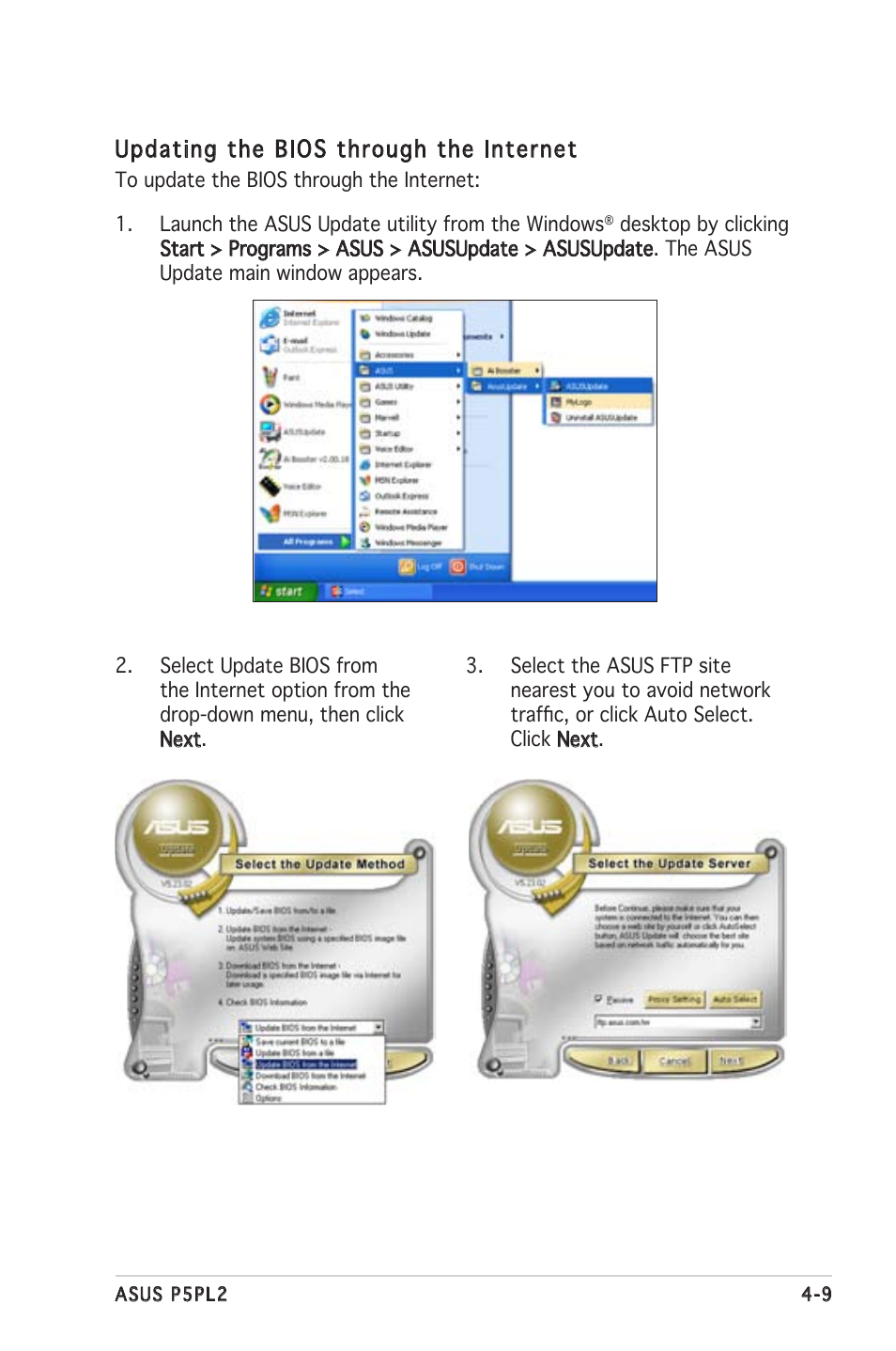 Updating the bios through the internet | Asus Motherboard P5PL2 User Manual | Page 65 / 116