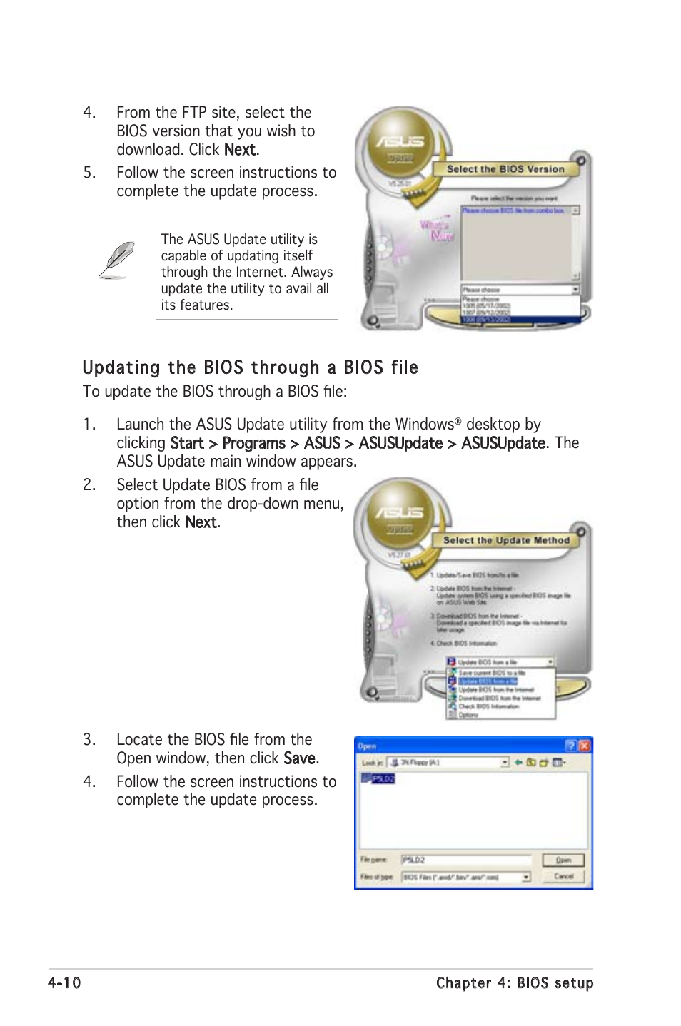 Updating the bios through a bios file | Asus Motherboard P5PL2 User Manual | Page 66 / 116