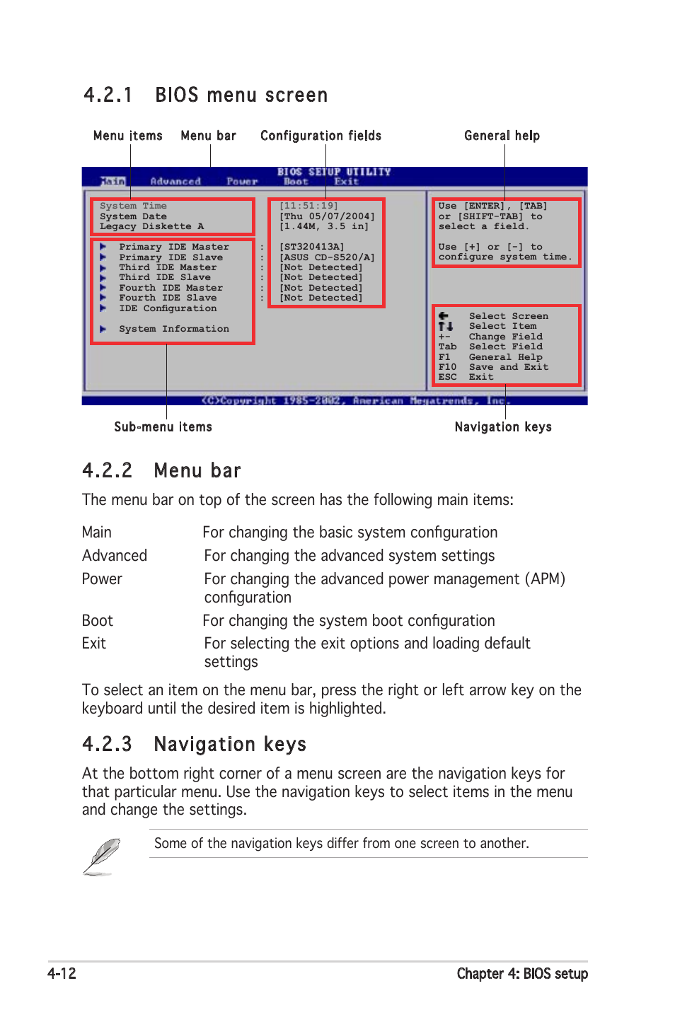 2 menu bar, 3 navigation keys, 1 bios menu screen | Asus Motherboard P5PL2 User Manual | Page 68 / 116