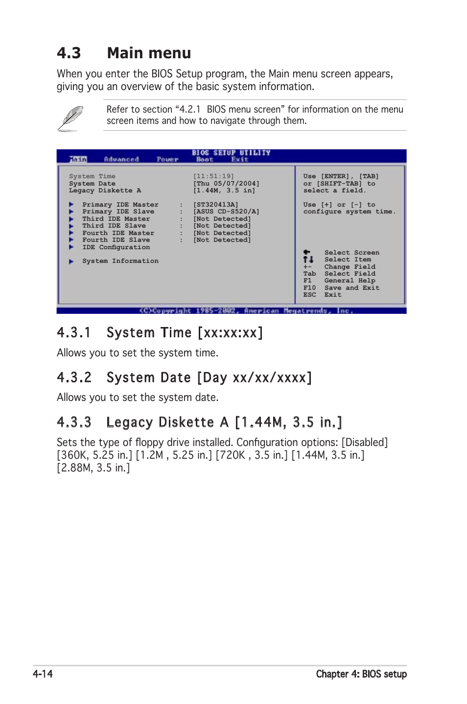 3 main menu, 1 system time [xx:xx:xx, Allows you to set the system time | Allows you to set the system date | Asus Motherboard P5PL2 User Manual | Page 70 / 116