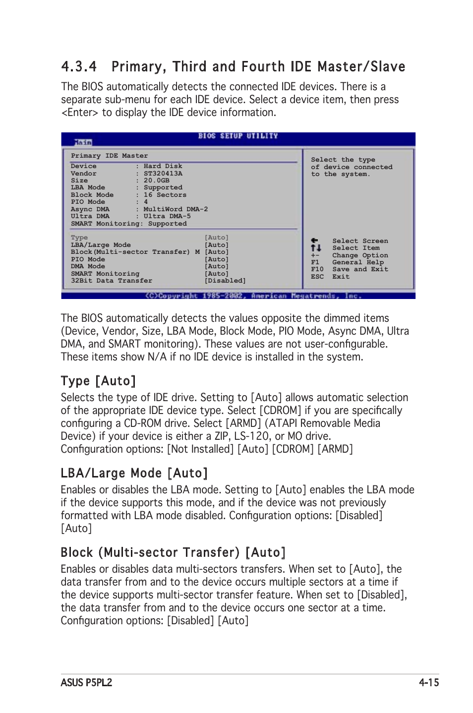 4 primary, third and fourth ide master/slave, Type [auto, Lba/large mode [auto | Block (multi-sector transfer) [auto | Asus Motherboard P5PL2 User Manual | Page 71 / 116