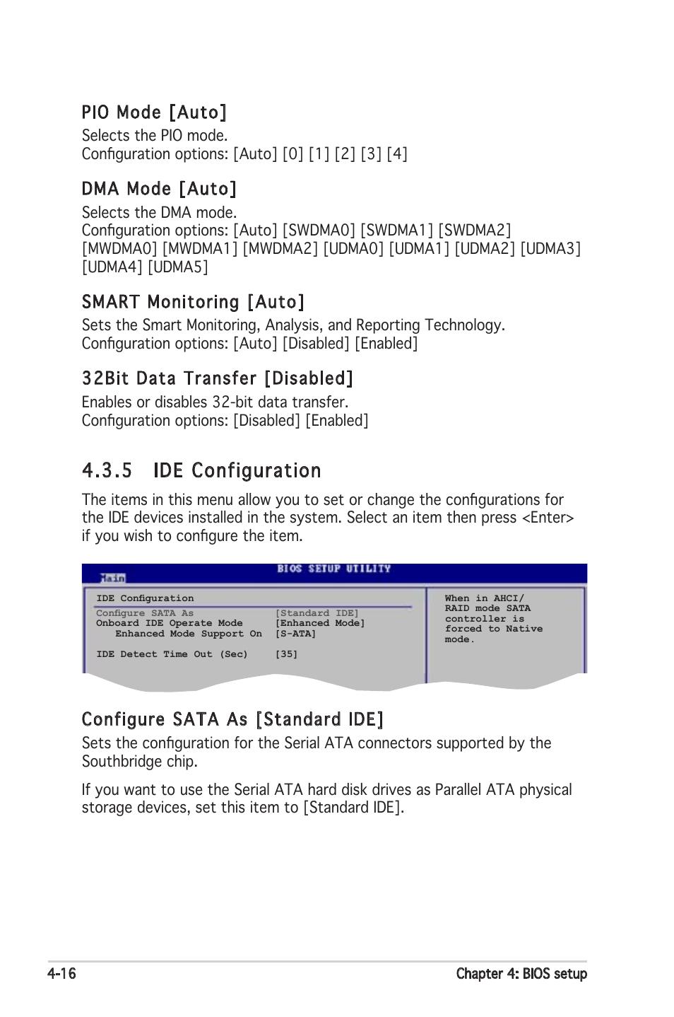 5 ide configuration, Pio mode [auto, Dma mode [auto | Smart monitoring [auto, 32bit data transfer [disabled, Configure sata as [standard ide | Asus Motherboard P5PL2 User Manual | Page 72 / 116