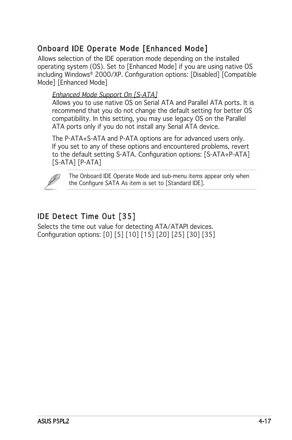 Onboard ide operate mode [enhanced mode, Ide detect time out [35 | Asus Motherboard P5PL2 User Manual | Page 73 / 116