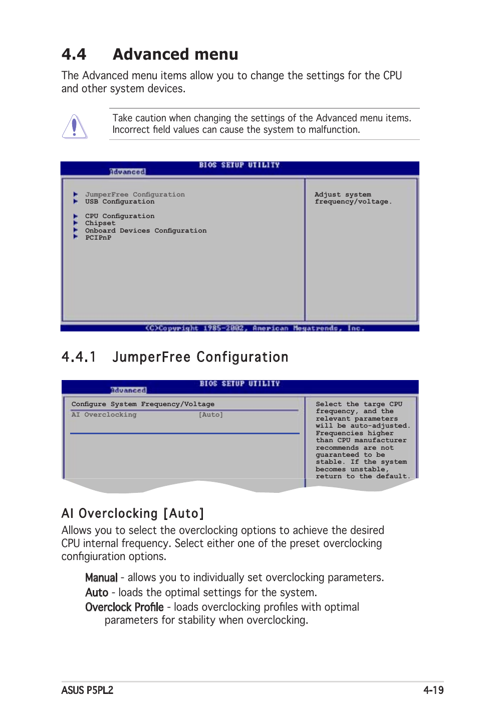 4 advanced menu, 1 jumperfree configuration, Ai overclocking [auto | Asus Motherboard P5PL2 User Manual | Page 75 / 116