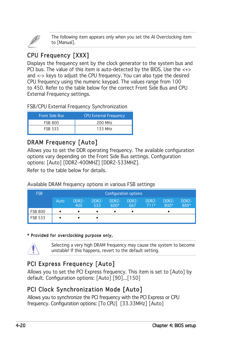 Cpu frequency [xxx, Pci express frequency [auto, Pci clock synchronization mode [auto | Dram frequency [auto | Asus Motherboard P5PL2 User Manual | Page 76 / 116