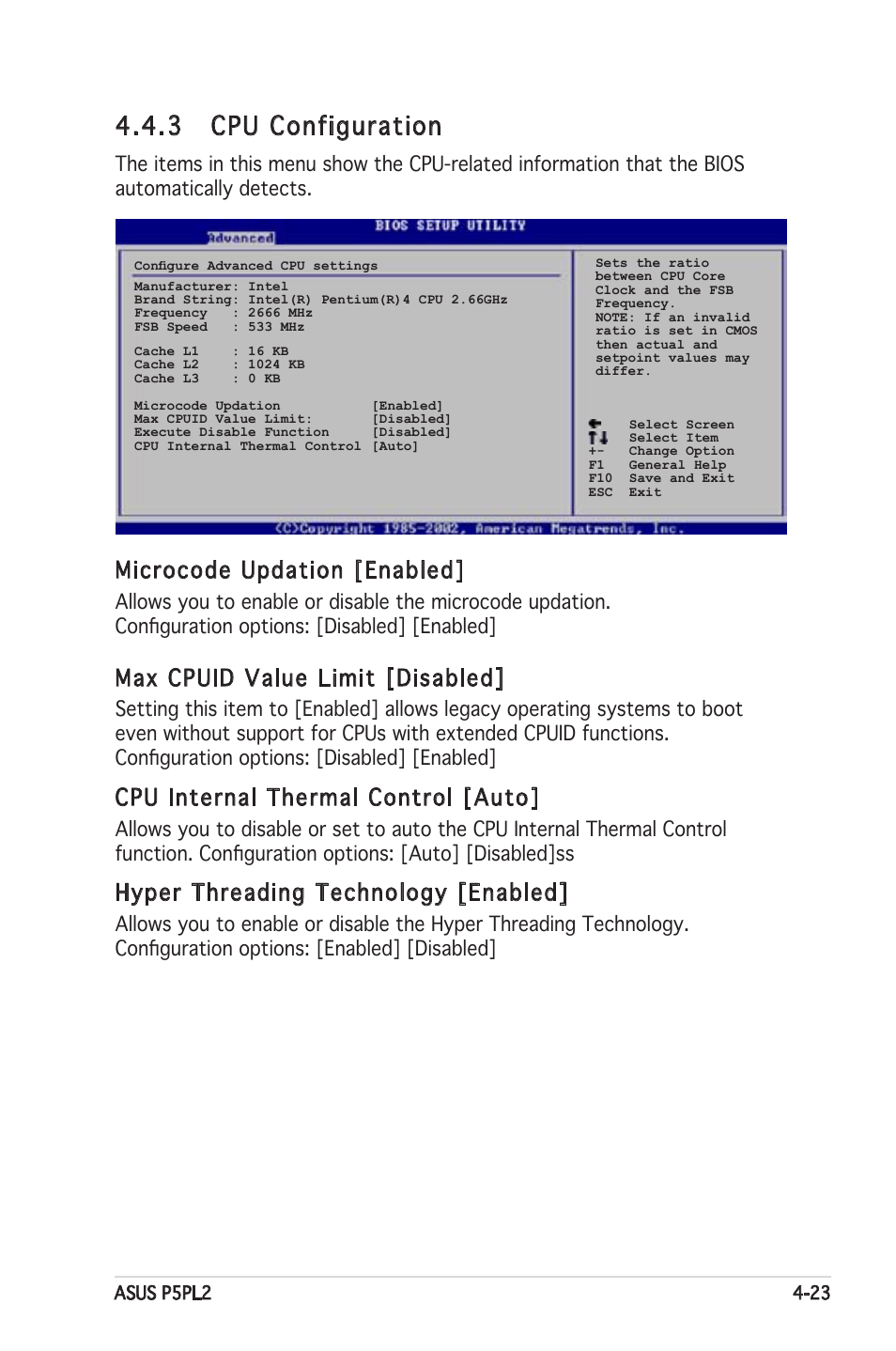 3 cpu configuration, Microcode updation [enabled, Max cpuid value limit [disabled | Cpu internal thermal control [auto, Hyper threading technology [enabled | Asus Motherboard P5PL2 User Manual | Page 79 / 116