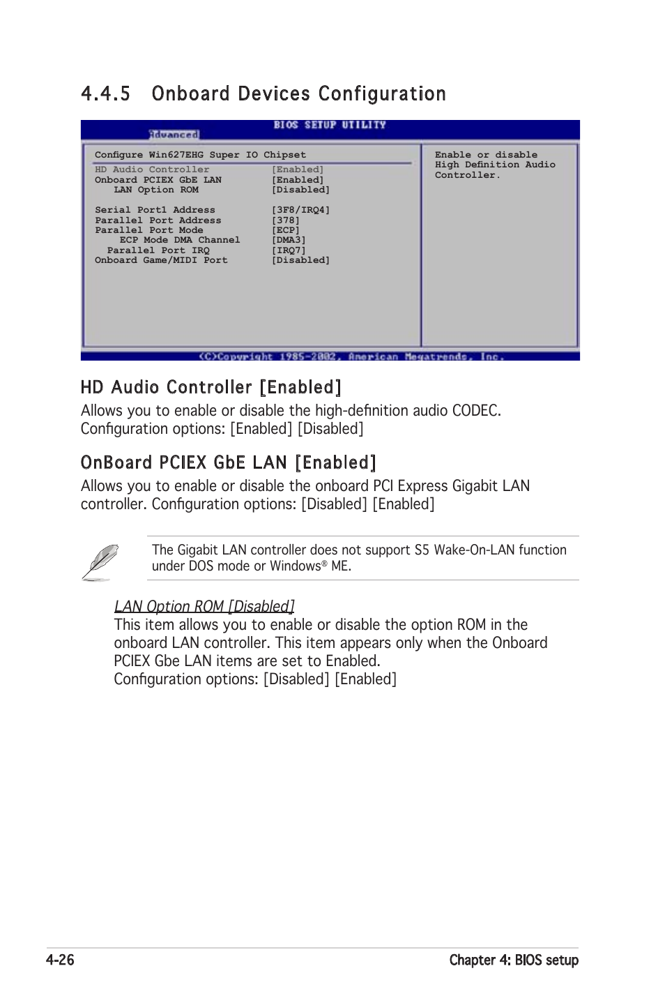 5 onboard devices configuration, Hd audio controller [enabled, Onboard pciex gbe lan [enabled | Asus Motherboard P5PL2 User Manual | Page 82 / 116