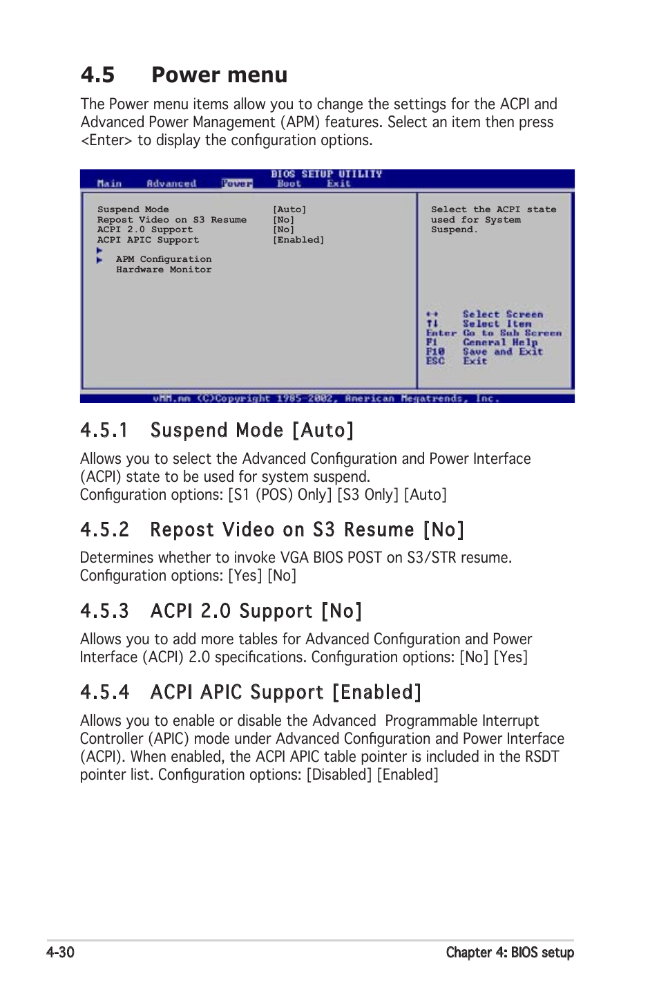 5 power menu, 1 suspend mode [auto, 2 repost video on s3 resume [no | 3 acpi 2.0 support [no, 4 acpi apic support [enabled | Asus Motherboard P5PL2 User Manual | Page 86 / 116