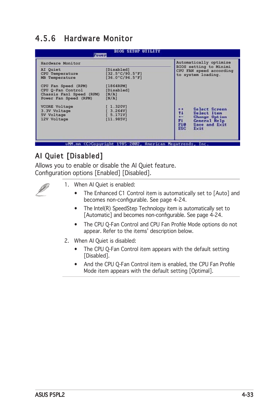 6 hardware monitor, Ai quiet [disabled | Asus Motherboard P5PL2 User Manual | Page 89 / 116