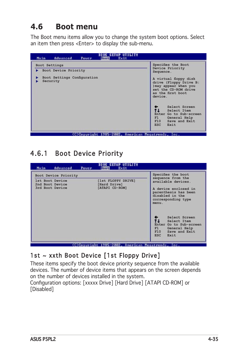 6 boot menu, 1 boot device priority, 1st ~ xxth boot device [1st floppy drive | Asus Motherboard P5PL2 User Manual | Page 91 / 116