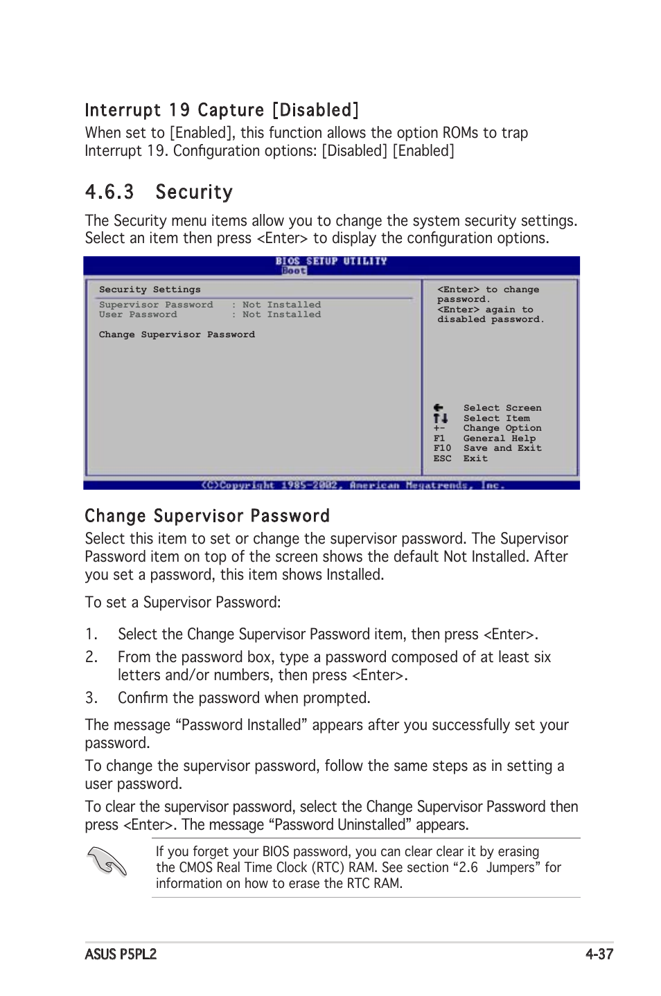 3 security, Interrupt 19 capture [disabled, Change supervisor password | Asus Motherboard P5PL2 User Manual | Page 93 / 116