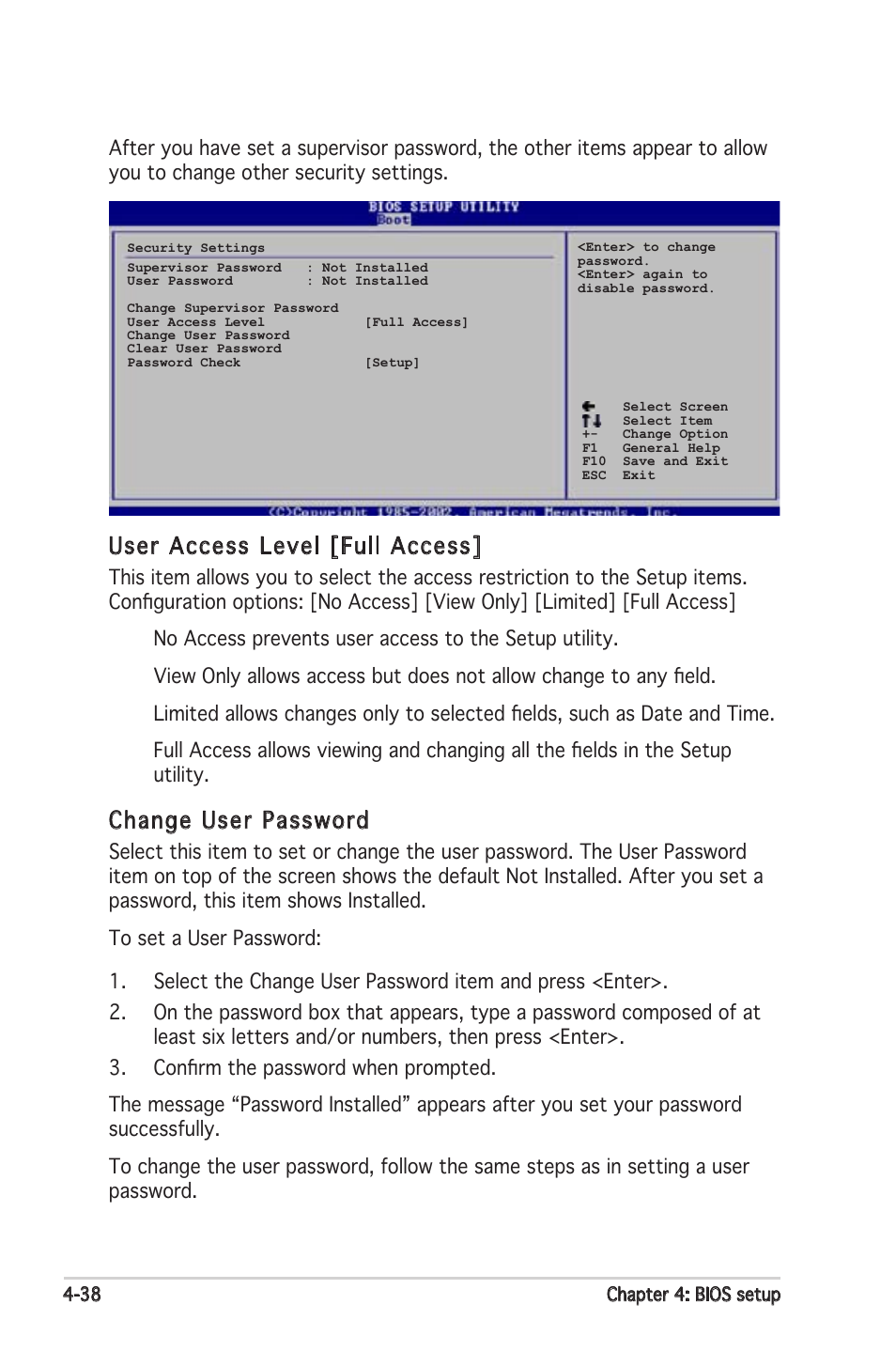 User access level [full access, Change user password | Asus Motherboard P5PL2 User Manual | Page 94 / 116