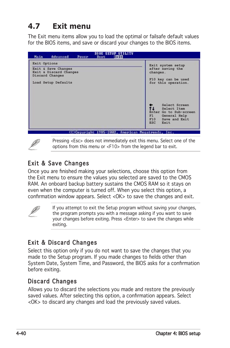 7 exit menu, Exit & discard changes, Discard changes | Exit & save changes | Asus Motherboard P5PL2 User Manual | Page 96 / 116