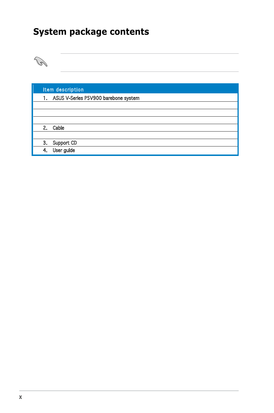 System package contents | Asus P5V900 User Manual | Page 10 / 98