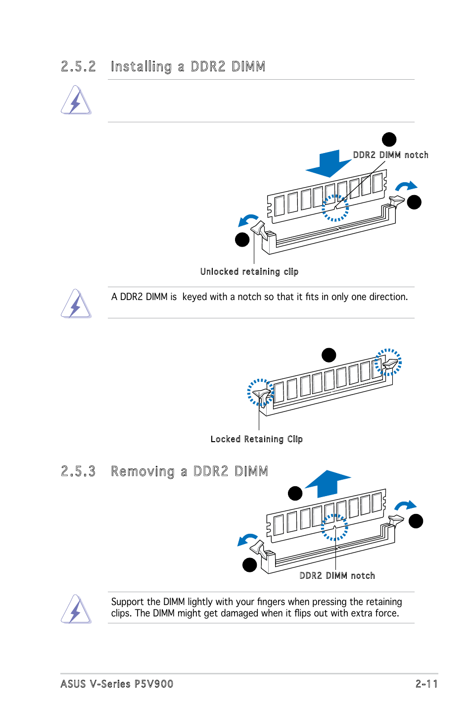 3 removing a ddr2 dimm, 2 installing a ddr2 dimm | Asus P5V900 User Manual | Page 29 / 98