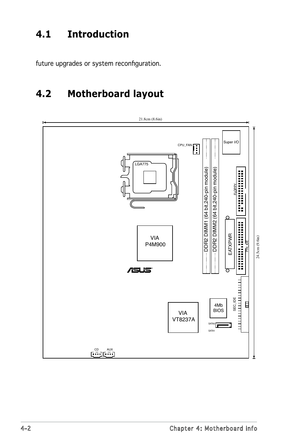 1 introduction, 2 motherboard layout, 2 chapter 4: motherboard info | Asus P5V900 User Manual | Page 54 / 98