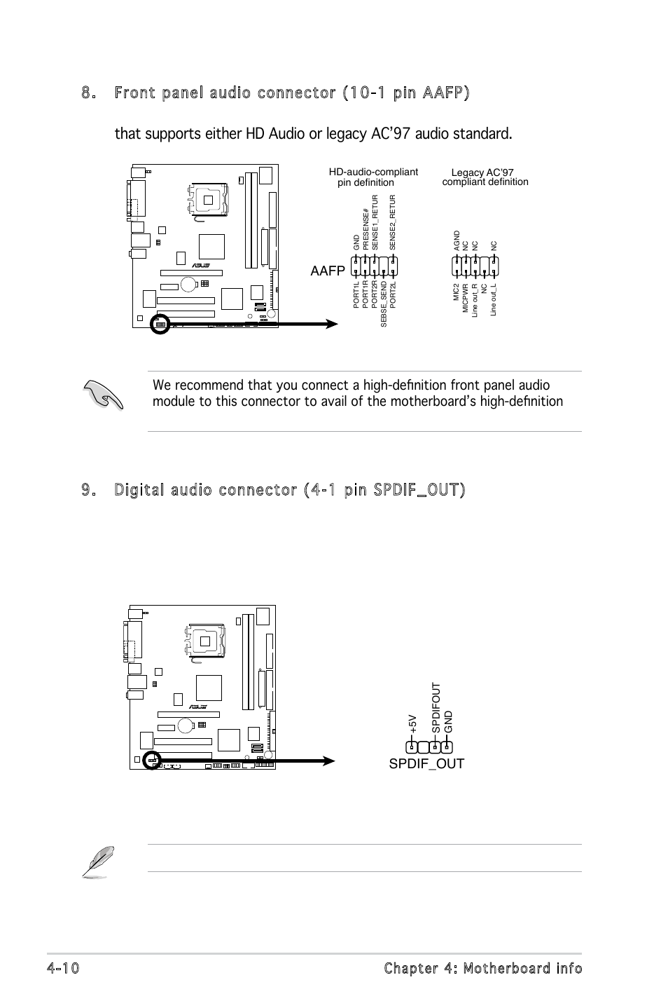 10 chapter 4: motherboard info, The s/pdif module is purchased separately, Digital audio connector | Spdif_out, Front panel audio connector, Aafp | Asus P5V900 User Manual | Page 62 / 98