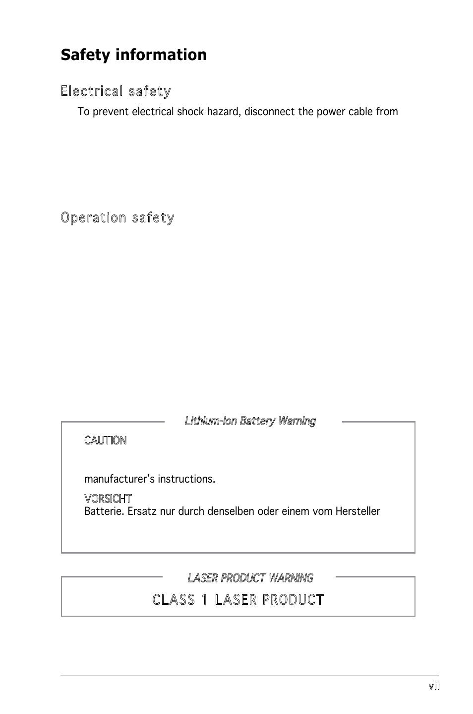 Safety information, Electrical safety, Operation safety | Class 1 laser product | Asus P5V900 User Manual | Page 7 / 98