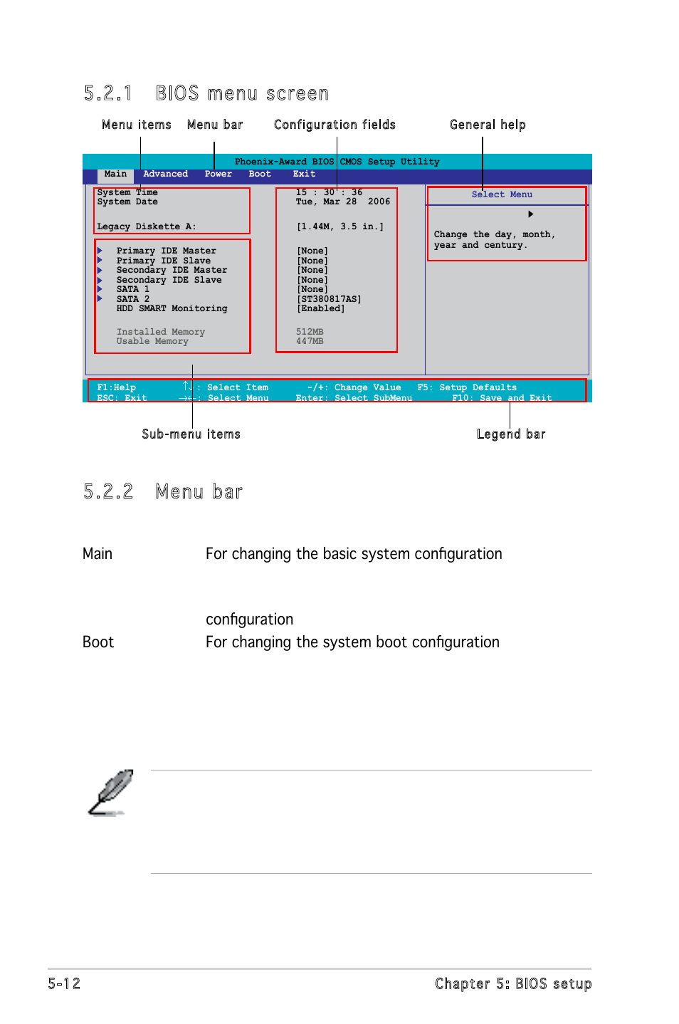 1 bios menu screen, 2 menu bar | Asus P5V900 User Manual | Page 76 / 98