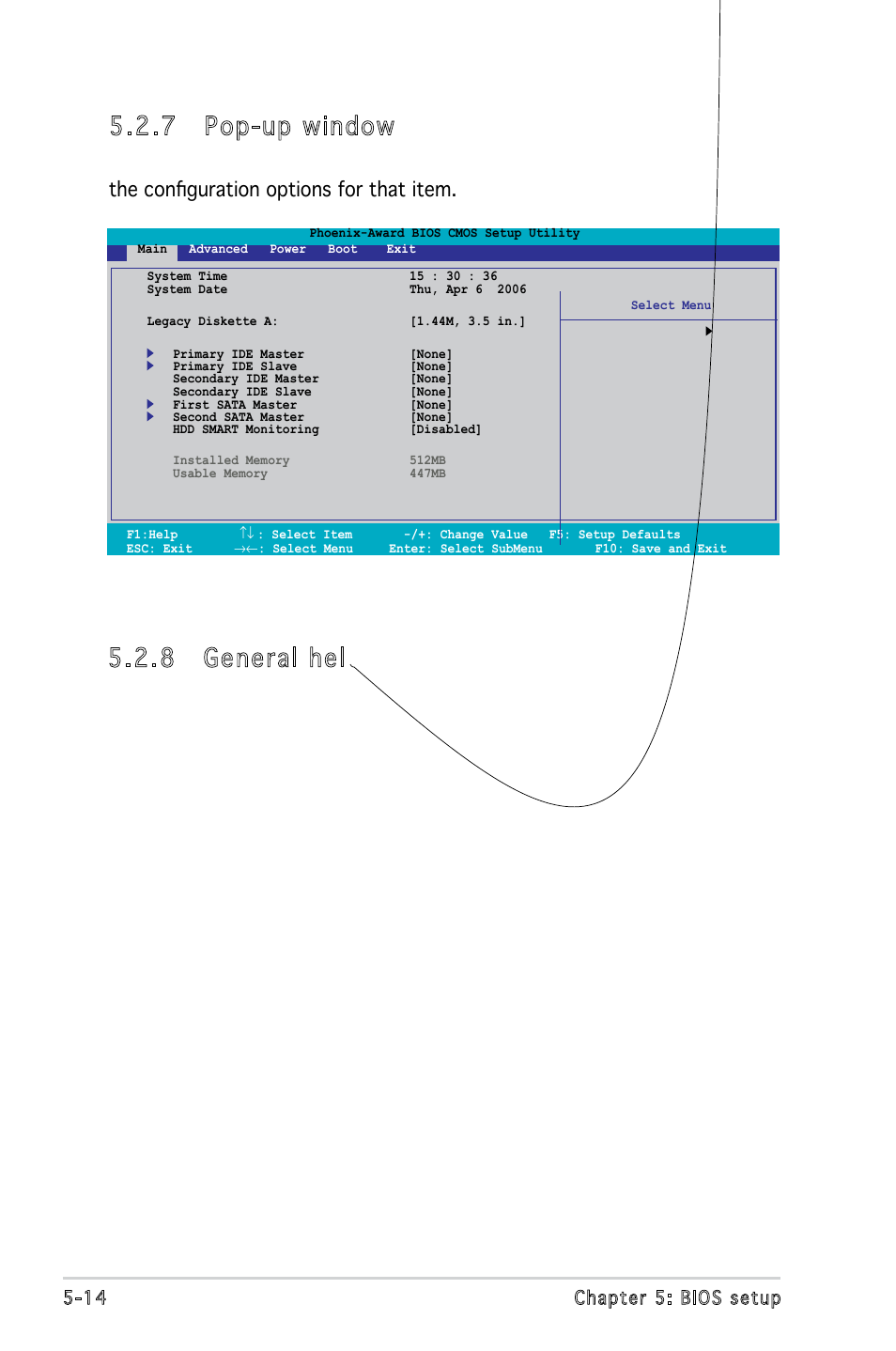 7 pop-up window, 14 chapter 5: bios setup | Asus P5V900 User Manual | Page 78 / 98