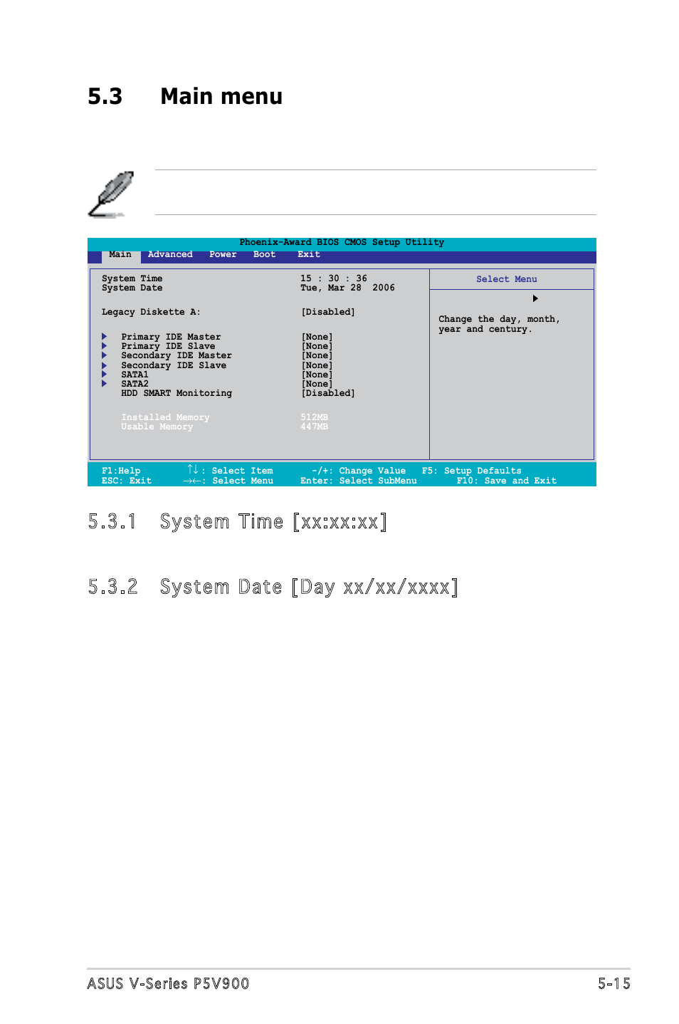 3 main menu, 1 system time [xx:xx:xx, Allows you to set the system time | Allows you to set the system date | Asus P5V900 User Manual | Page 79 / 98