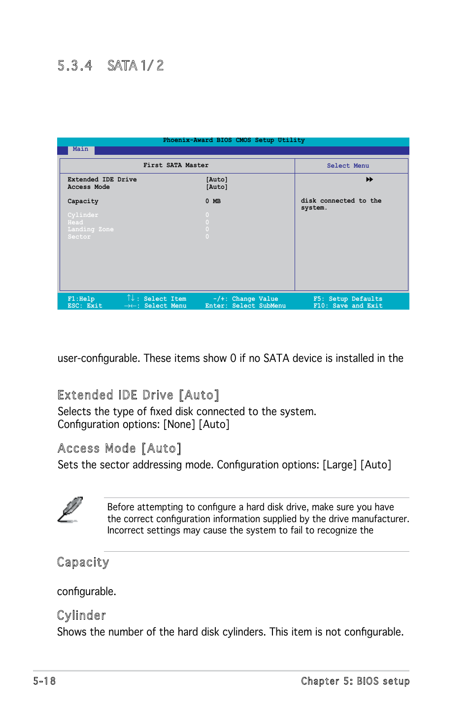 4 sata 1/ 2, Extended ide drive [auto, Access mode [auto | Capacity, Cylinder | Asus P5V900 User Manual | Page 82 / 98